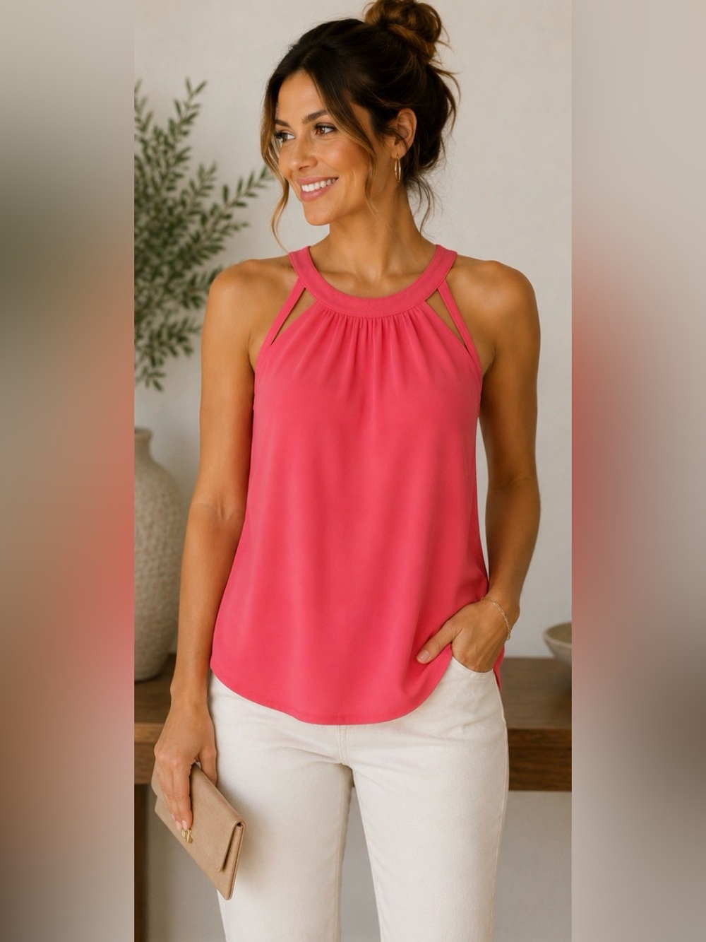 ⚡️630 Express Women’s Coral Pink Sleeveless Beaded Halter Tank Top Keyhole Small